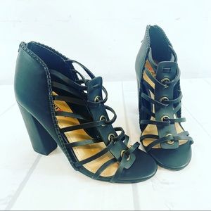 Black block high heel sandals shoes size 7